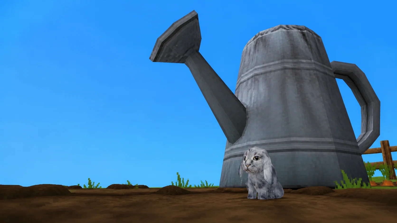 Cabbit next to a giant watering can